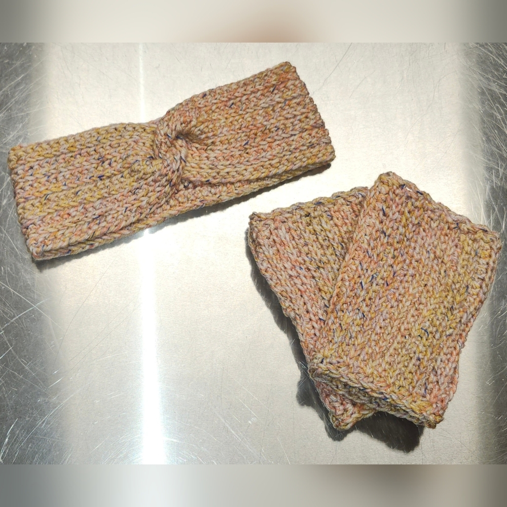 Hand Crafted Multicolor Crochet Fingerless Gloves & Earwarmer Headband Set